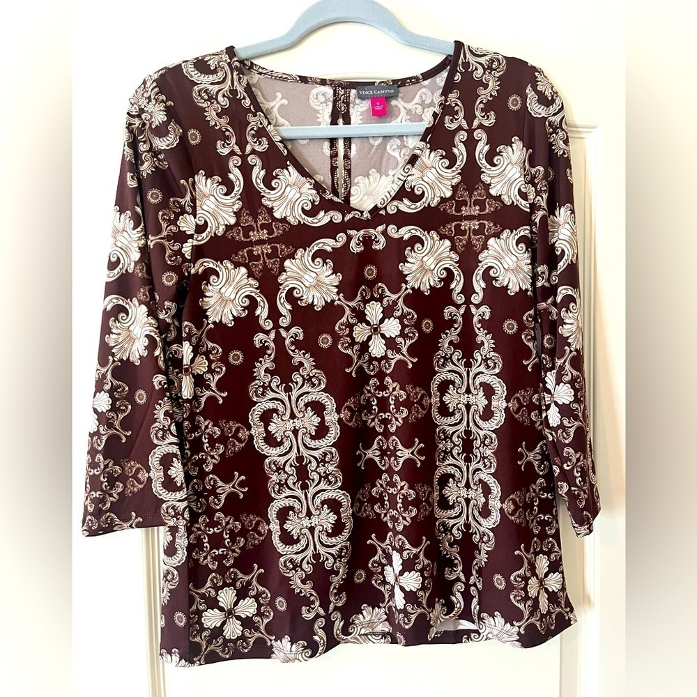 Vince Camuto Elegant Brown and White Patterned Women's Blouse Size Small - Picture 1 of 13